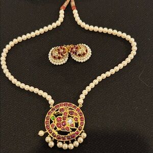 Gold and Red Beaded Necklace with Pearl Accents